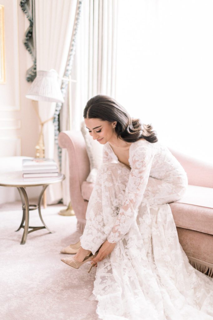 Bride getting ready at the Claridge's hotel in London